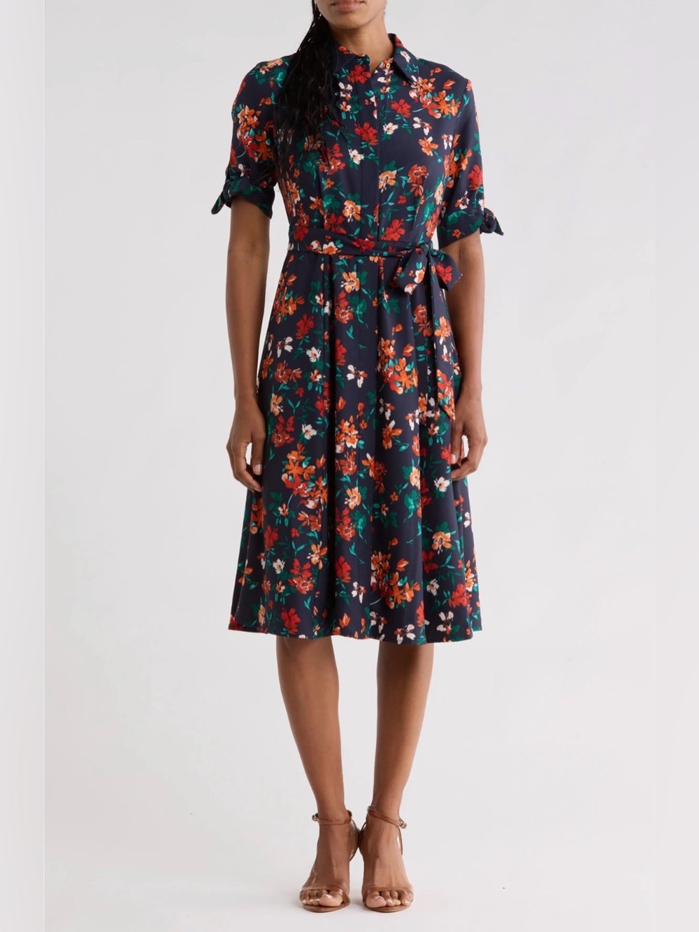 Calvin Klein Navy Floral Tie-Waist Midi Button Down Shirt Dress Size 14 New